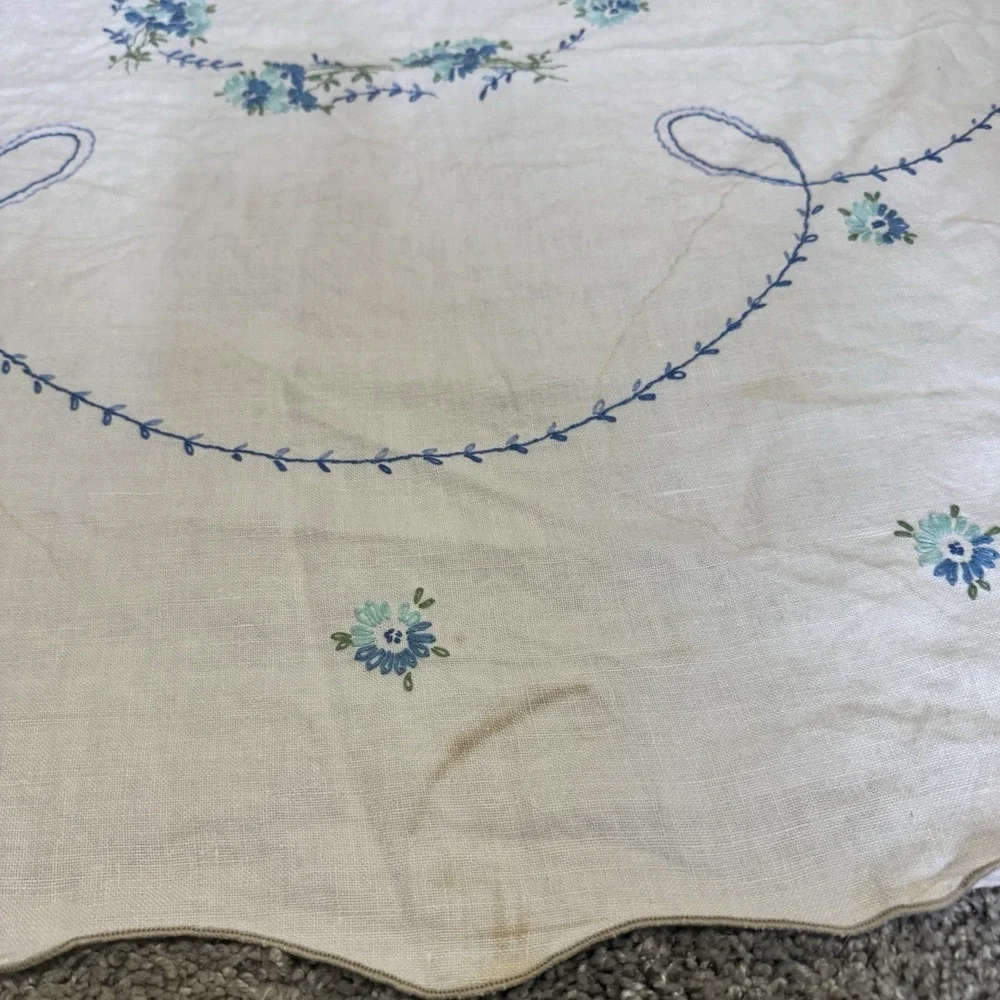 Blue Flower Hand Embroidered Rectangle Table Cloth 48